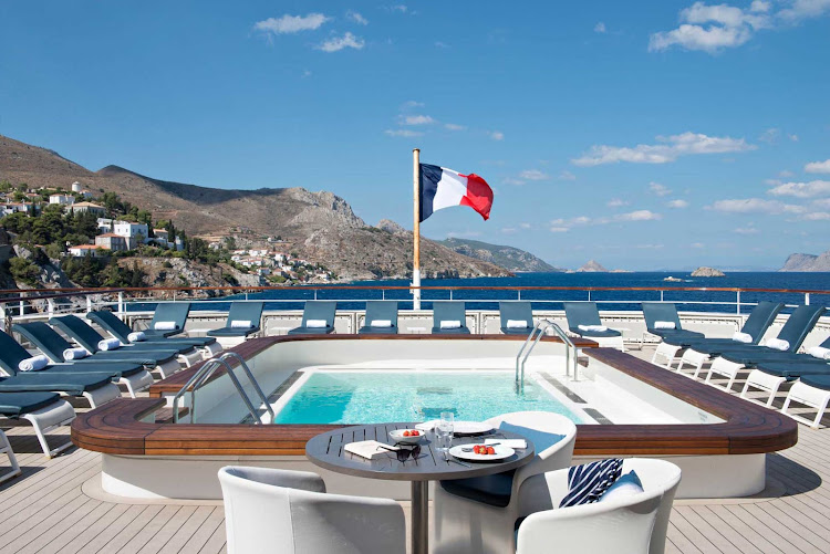 The pool deck on Ponant's luxury expedition ship Le Lyrial. 