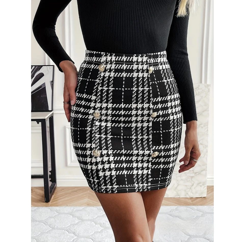 Damesrok, modieus, casual, elegant, eenvoudig, Franse stijl, met contrasterende pied-de-poule en knopen, voor een stijlvolle look.