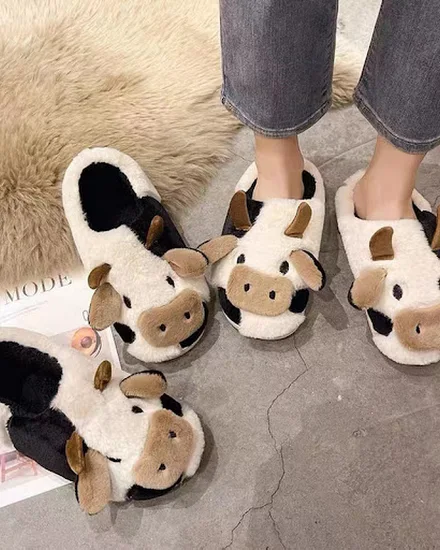 New Unisex Women Cute Cartoon Cow Warm Plush Slippers Cou... - 3