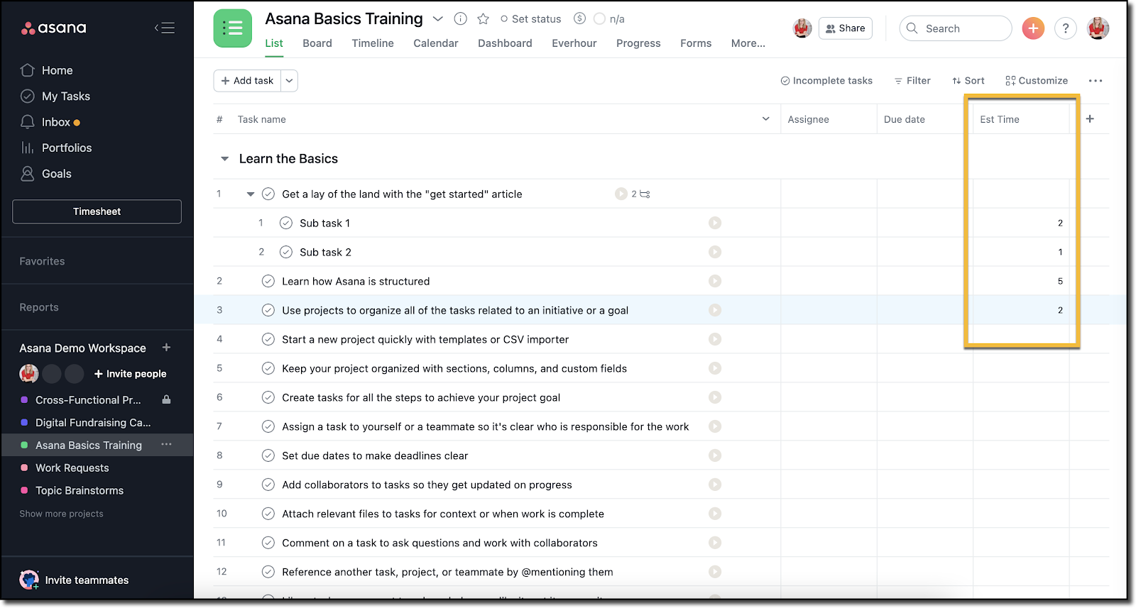 estimate time in asana