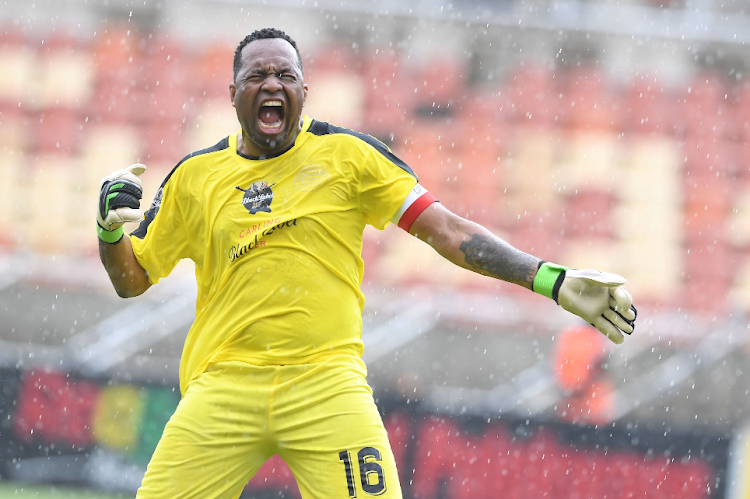 Carling All-Star XI captain Itumeleng Khune celebrates his team's goal during the Carling Knockout match against Stellenbosch FC at Peter Mokaba Stadium on January 6 2024.