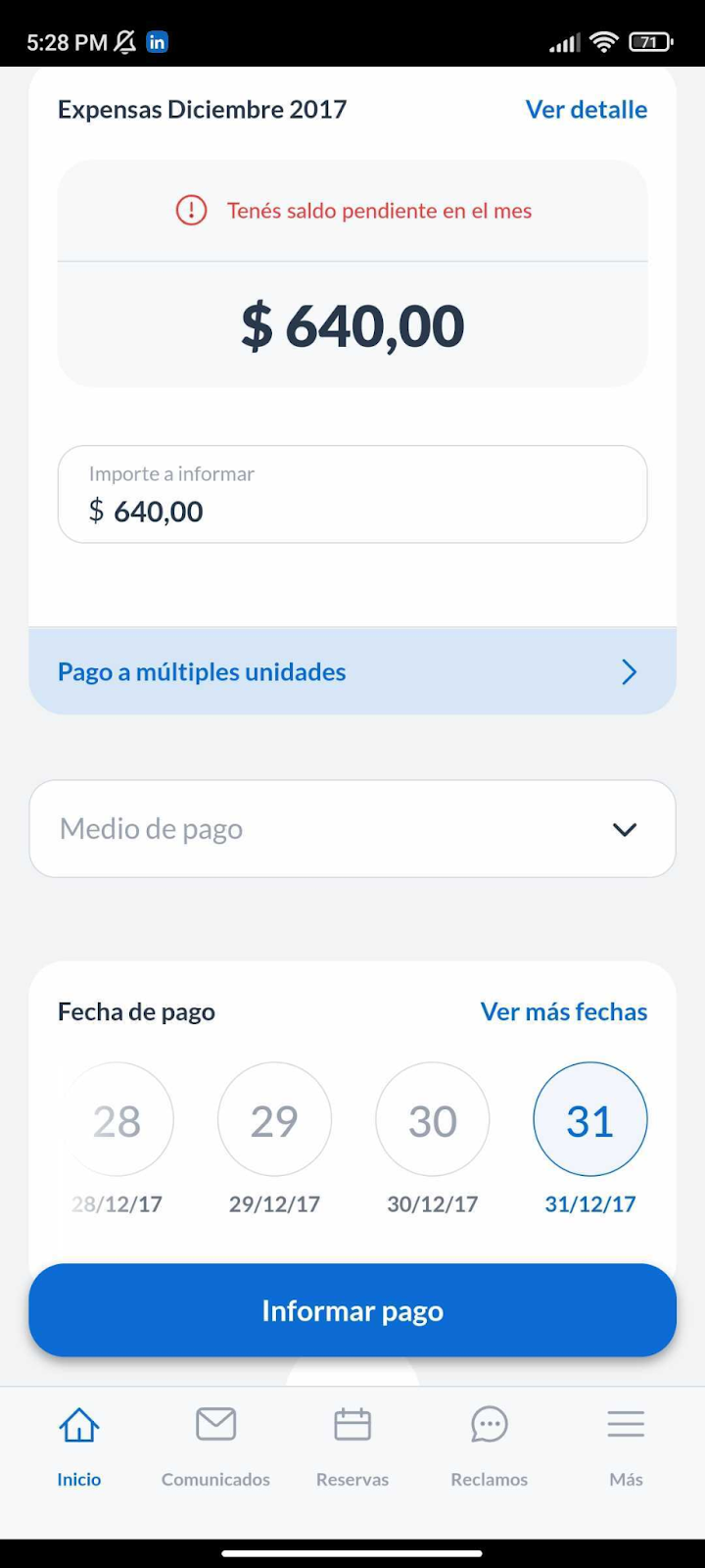 Actualizamos la app de vecinos para mejorar su experiencia. A partir de ahora, en el informe de pagos podrán ver el saldo pendiente de la expensa. De esta forma, será más simple de detectar si hubieron pagos realizados en el mes.