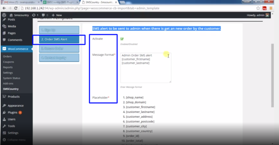 Order alert admin SMS template in WooCommerce