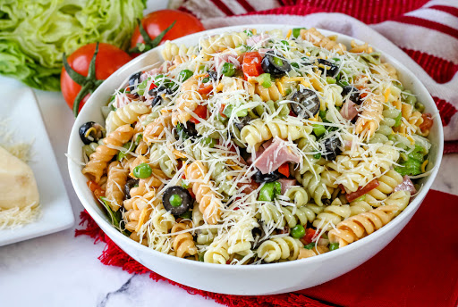 Garden Pasta Salad ready to be served.