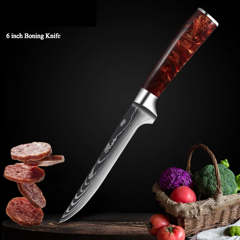 Cuchillo de cocina con mango de resina roja y patrón láser de Damasco, set completo para cortar con estilo y precisión.