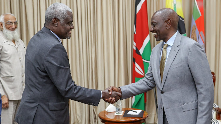 Chairperson of the African Union Moussa Faki with President William Ruto at the State House, Nairobi on June 29,2023.