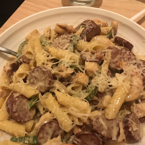 Cajun pasta- AMAZING. The portions sizes were massive and they were not stingy on the shrimp. So so good. We’d definitely get again.