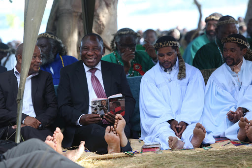 Deputy President Cyril Ramaphosa seated next to former KZN Prmier Senzo Mchunu and and Nkosi Biyela from the Shembe church at a Shembe service in Ezikhawini near Empangeni PIcture: JACKIE CLAUSEN