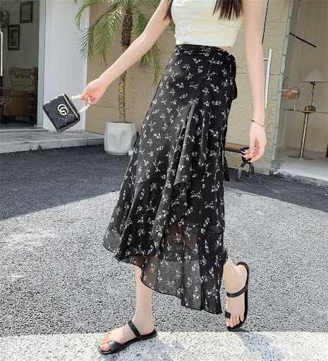 Title 8, Printed Chiffon Flounced Skirt One Piece Asymme...