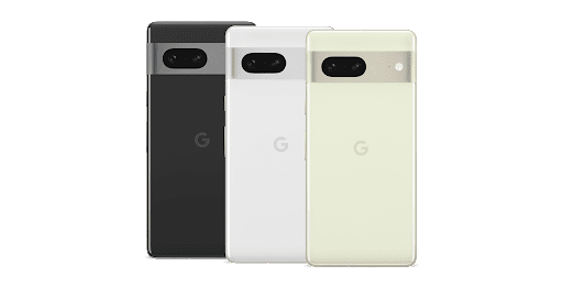 Back view of Pixel 7 in lemongrass, snow and obsidian colours