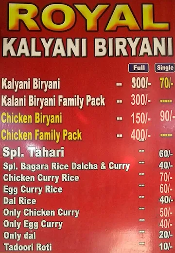 Royal Kalyani Biryani menu 