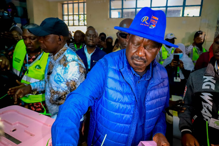 The Azimio la Umoka One Kenya coalition and Kenyas leading opposition Raila Odinga casting his vote during the August 09, 2022, general elections in Kibera, Nairobi, Kenya.