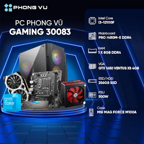 Máy tính để bàn/PC Phong Vũ Gaming 30083 (Intel Core i3-12100F/8GB/256GB SSD/Nvidia GeForce GTX 1650/Free DOS)