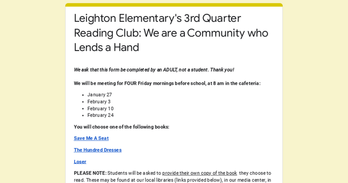 Leighton Elementary's 3rd Quarter Reading Club: We are a Community who Lends a Hand