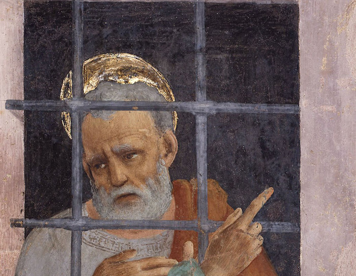 Filippino Lippi,San Pietro visitato in carcere da San Paolo (particolare di san Pietro dietro le sbarre), fresco in de Cappella Brancacci, Santa Maria del Carmine, Firenze