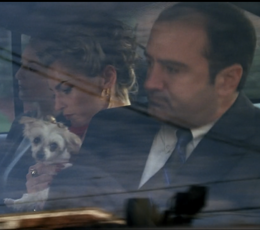 Screenshot from the Sopranos. Adrianna is in the back of a car with FBI agents and her pet dog Coquette