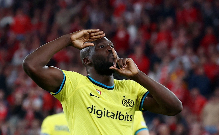 Inter Milan's Romelu Lukaku celebrates scoring their second goal in the Uefa Champions League quarterfinal first match against Benfica at Estadio da Luz in Lisbon on April 11 2023.