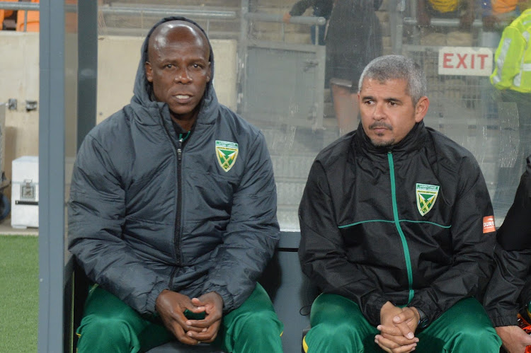 Golden Arrows head coach Clinton Larsen and his assistant Mandla Ncikazi look on from the bench during the Absa Premiership match between Kaizer Chiefs and Golden Arrows at FNB Stadium on September 23, 2017 in Johannesburg, South Africa.