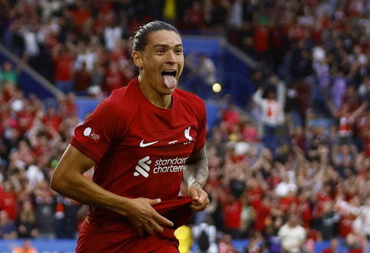 Liverpool's Darwin Nunez celebrates scoring their third goal against Manchester City on Saturday.