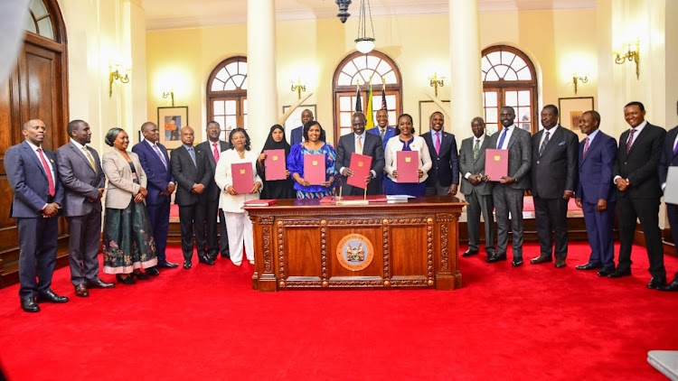 President William Ruto is joined by Environment Cabinet Secretary Soipan Tuiya and other leaders when he assented into law the Climate Change amendment Bill, 2023 at Statehouse, Nairobi on September 1, 2023.