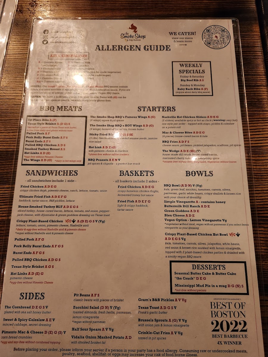 The Smoke Shop BBQ - Seaport gluten-free menu