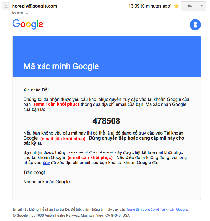 Nội dung email xác minh từ Google