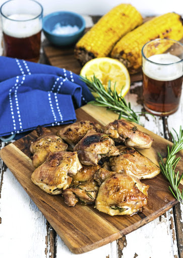 Beer-marinated braaied chicken thighs.