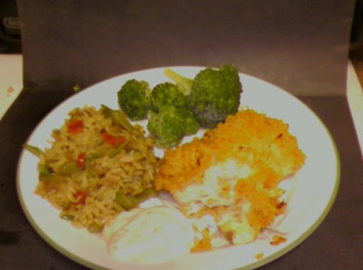 This is my Fast and Fancy Pilaf with BBQ flavored Fish Fillets. Sorry the pics are blurry, but right now I am having to use my phone for a camera. :(