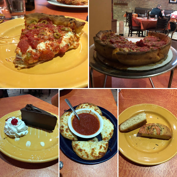 Deep dish pizza, chocolate mousse cake, garlic cheese bread, and focaccia.