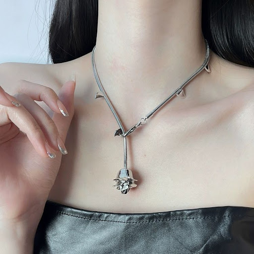 Title 4, Womens Metal Thorn Rose Bud Necklace, a beauti...