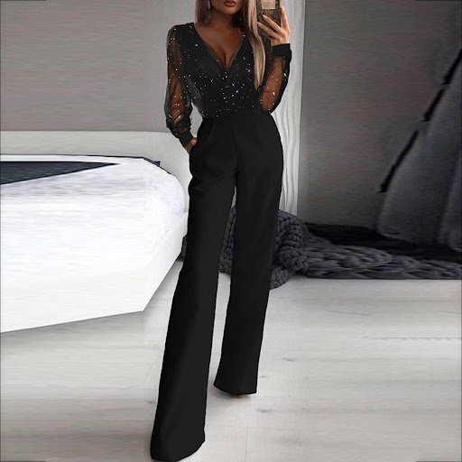 Title 3, Womens Fashion Mesh Powder Patchwork Jumpsuit