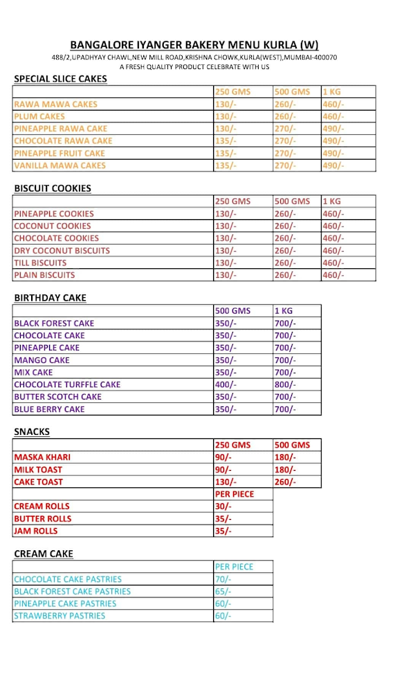 Banglore Iyangars Bakery menu 