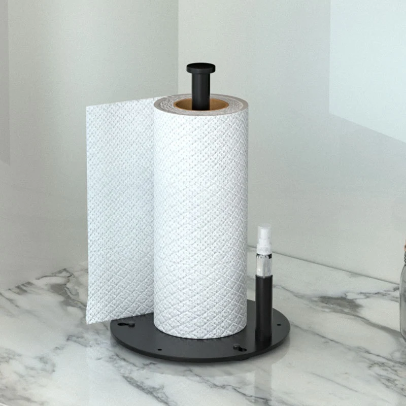 Distributeur vertical de papier essuie-tout de cuisine avec flacon pulvérisateur, gain de place et praticité sur votre plan de travail.