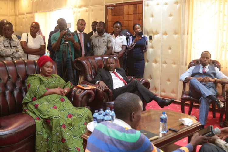 The Senate Devolution Committee, Trans Nzoia Governor George Natembeya and his deputy Philomena Kapkory after burrying the hatchet on March 22, 2024.