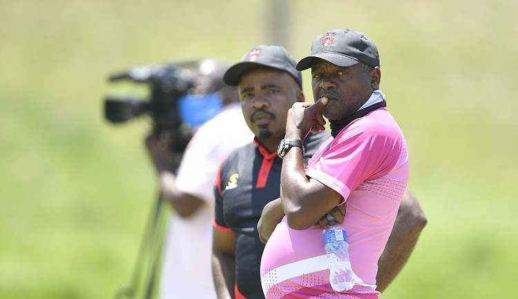 TS Galaxy head coach Dan Malesela and TS Galaxy owner Tim Sukazi during the TS Galaxy media open day at Discovery Sports Park on October 22, 2020 in Johannesburg, South Africa.