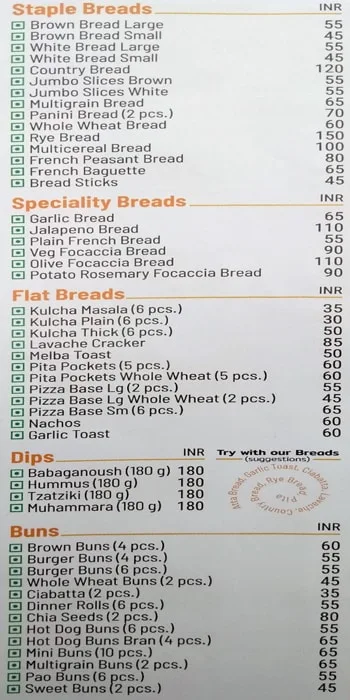 Defence Bakery menu 