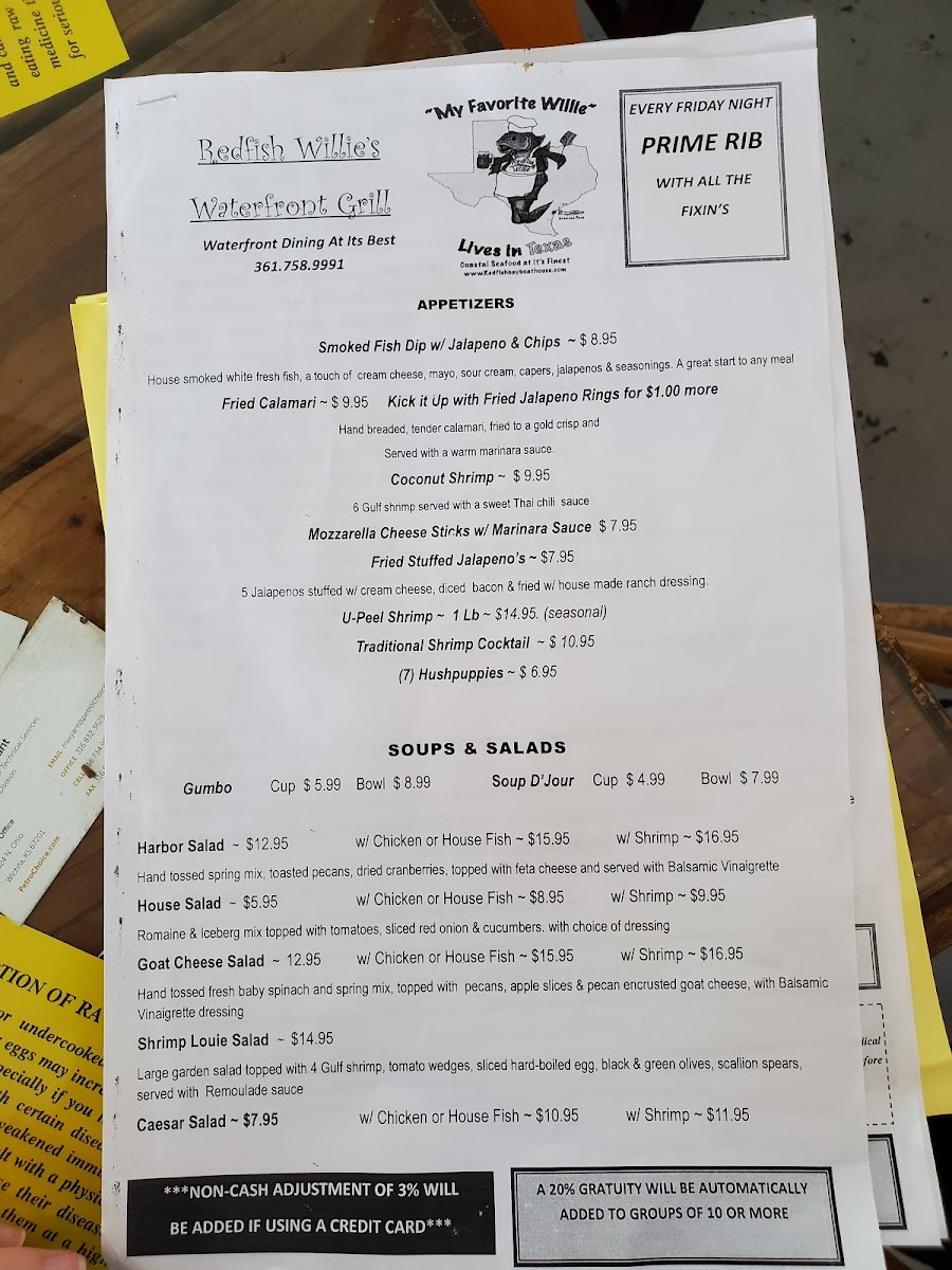 Redfish Willie's Waterfront Grill gluten-free menu