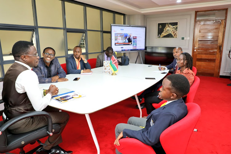 Sports and youth affairs CS Ababu Namwamba meets with 12-year-old 'CS' for Sports at the Jabali Christian Centre School Master Teule Kilonzo Nguli on February 8, 2023