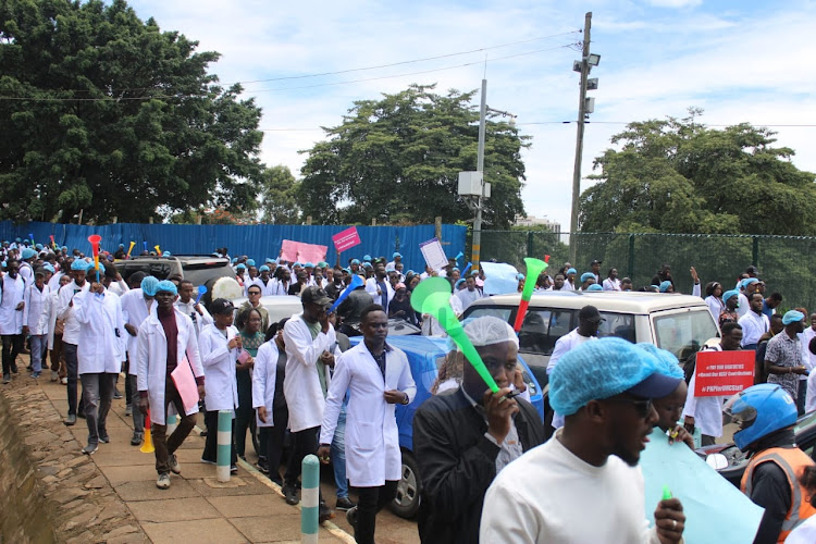 Doctors, Interns and nurses demonstrate as they head to the Ministry of health offices, Nairobi on April 9, 2024. The strike began on March 15, 2024