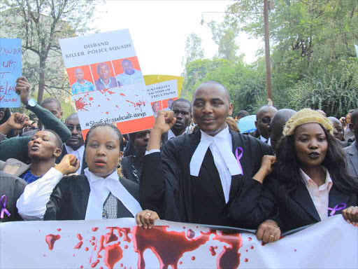 Lawyers demonstrate against the killing of Willie Kimani in Nakuru last month. /FILE