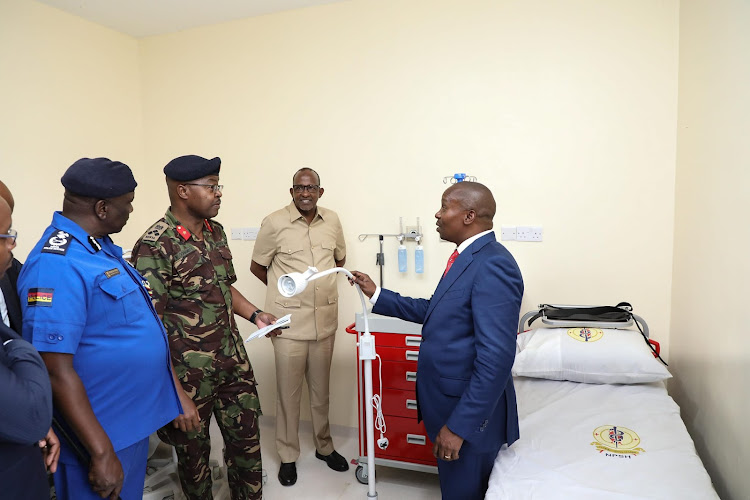 Defence CS Aden Duale and Interior CS Kithure KIndiki during the handover of the National Police Service Level 4 Hospital along Mbagathi Way on May 17, 2024.