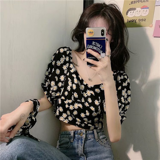 Title 4, High waist small daisy V-neck shirt dress net r...