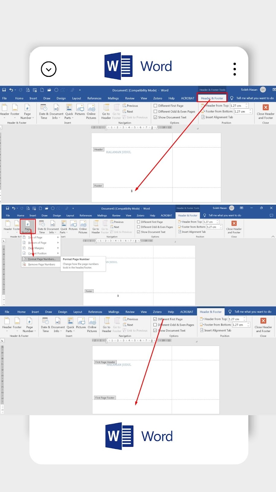cara penomoran halaman di word