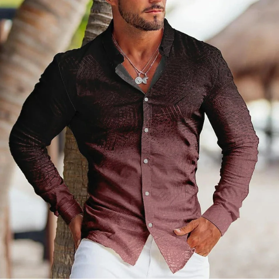 Camisa masculina de manga longa com gola e estampa colorida, ideal para um visual moderno e confortável. Perfeita para diversas ocasiões e estilos.