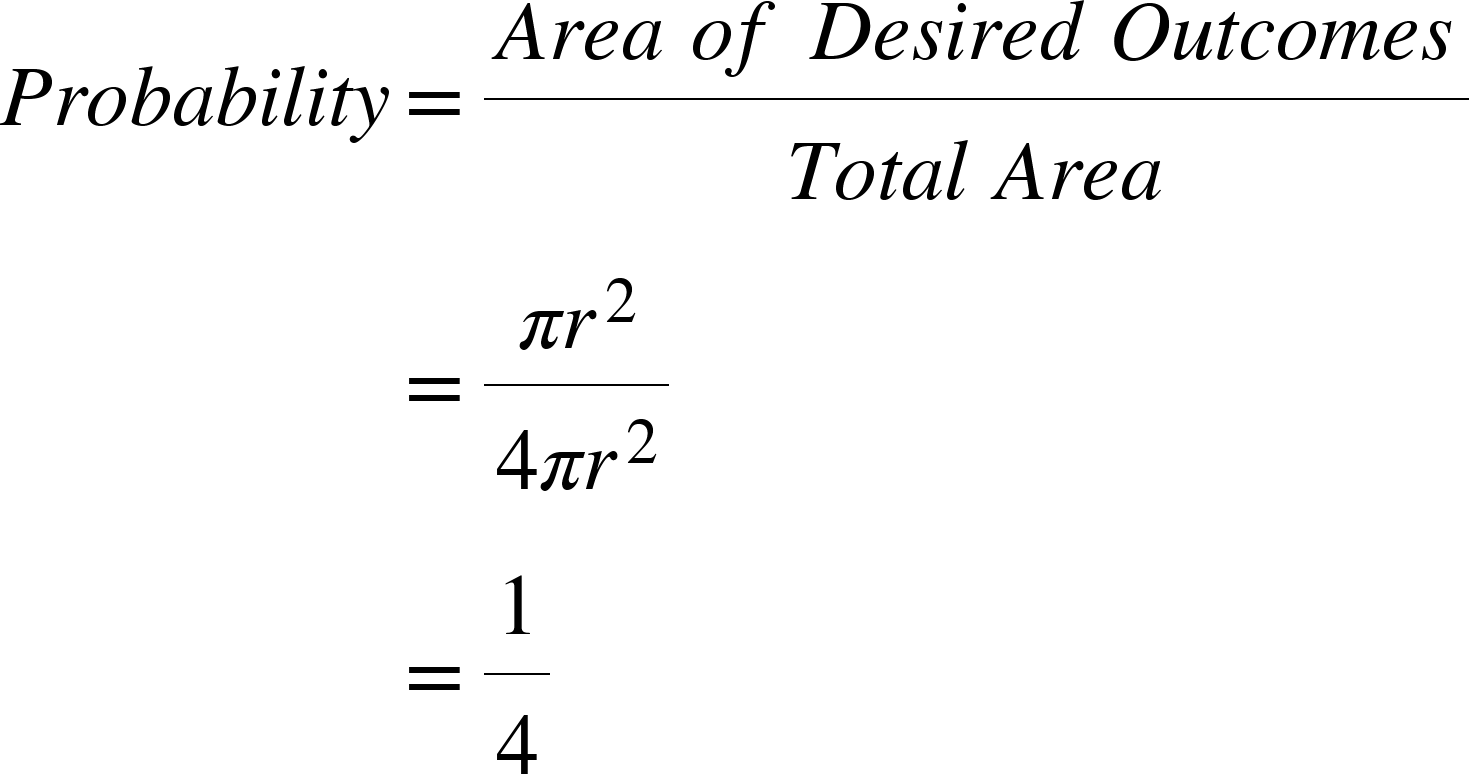 {"mathml":"<math style=\"font-family:stix;font-size:36px;\" xmlns=\"http://www.w3.org/1998/Math/MathML\"><mstyle mathsize=\"36px\"><mtable columnspacing=\"0px\" columnalign=\"right center left\"><mtr><mtd><mi>P</mi><mi>r</mi><mi>o</mi><mi>b</mi><mi>a</mi><mi>b</mi><mi>i</mi><mi>l</mi><mi>i</mi><mi>t</mi><mi>y</mi></mtd><mtd><mo>=</mo></mtd><mtd><mfrac><mrow><mi>A</mi><mi>r</mi><mi>e</mi><mi>a</mi><mo>&#xA0;</mo><mi>o</mi><mi>f</mi><mo>&#xA0;</mo><mi>D</mi><mi>e</mi><mi>s</mi><mi>i</mi><mi>r</mi><mi>e</mi><mi>d</mi><mo>&#xA0;</mo><mi>O</mi><mi>u</mi><mi>t</mi><mi>c</mi><mi>o</mi><mi>m</mi><mi>e</mi><mi>s</mi></mrow><mrow><mi>T</mi><mi>o</mi><mi>t</mi><mi>a</mi><mi>l</mi><mo>&#xA0;</mo><mi>A</mi><mi>r</mi><mi>e</mi><mi>a</mi></mrow></mfrac></mtd></mtr><mtr><mtd/><mtd><mo>=</mo></mtd><mtd><mfrac><mrow><mi>&#x3C0;</mi><msup><mi>r</mi><mn>2</mn></msup></mrow><mrow><mn>4</mn><mi>&#x3C0;</mi><msup><mi>r</mi><mn>2</mn></msup></mrow></mfrac></mtd></mtr><mtr><mtd/><mtd><mo>=</mo></mtd><mtd><mfrac><mn>1</mn><mn>4</mn></mfrac></mtd></mtr></mtable></mstyle></math>","truncated":false}