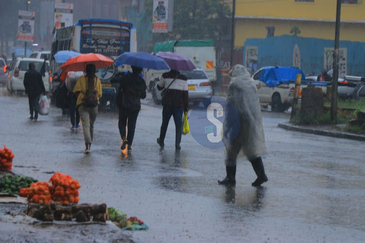 Pedestrians along Haile Selassie Avenue in Nairobi brave the rains after a downpour on April 4, 2024.