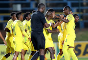 SA Under-23 players celebrate Jamie Webber's goal during the 3-0 Caf Olympic qualifier match against Angola at Bidbest Wits in Johannesburg on Tuesday March 26 2019.  