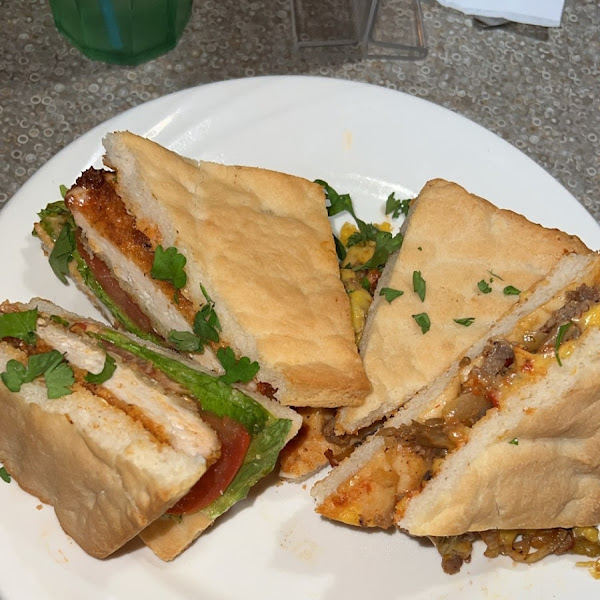 GF Buffalo Chicken Sandwich & Cheesesteak Combo on Focaccia Bread