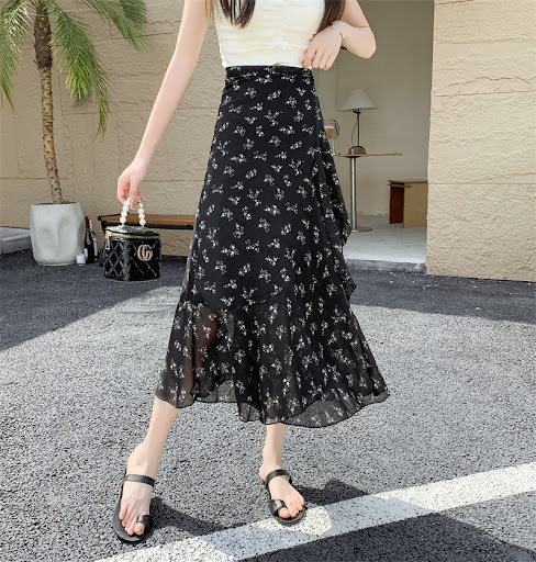 Title 1, Printed Chiffon Flounced Skirt One Piece Asymme...