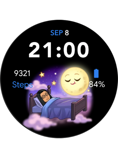 Um mostrador de smartwatch com um Bitmoji dormindo em uma cama cercada por nuvens enquanto uma lua com rosto paira acima com os olhos fechados.